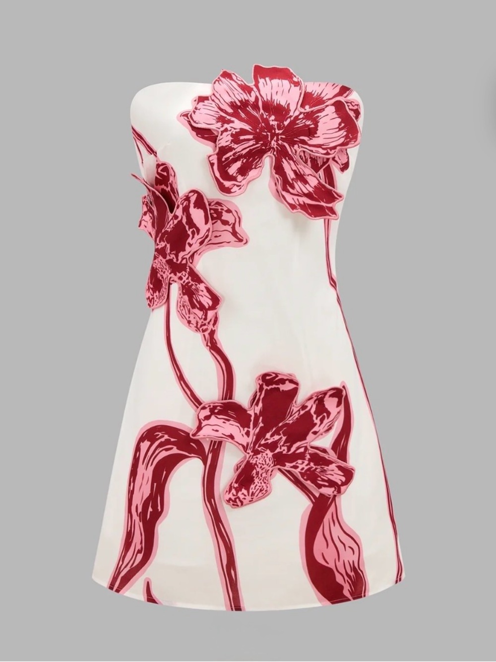 Commense Strapless White Dress with Pink Floral Appliqué